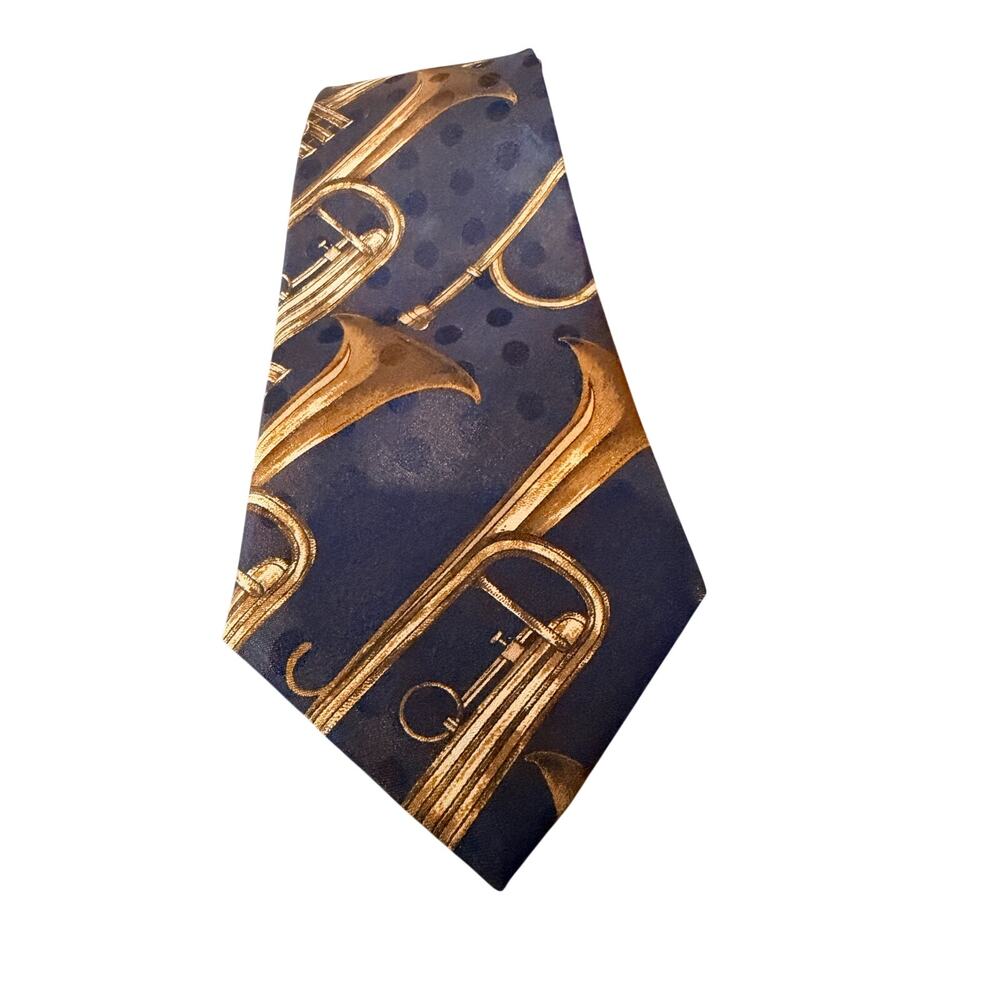 Peacock Silk Tie‎ Navy Blue Brass Instrument Trumpet Novelty Necktie